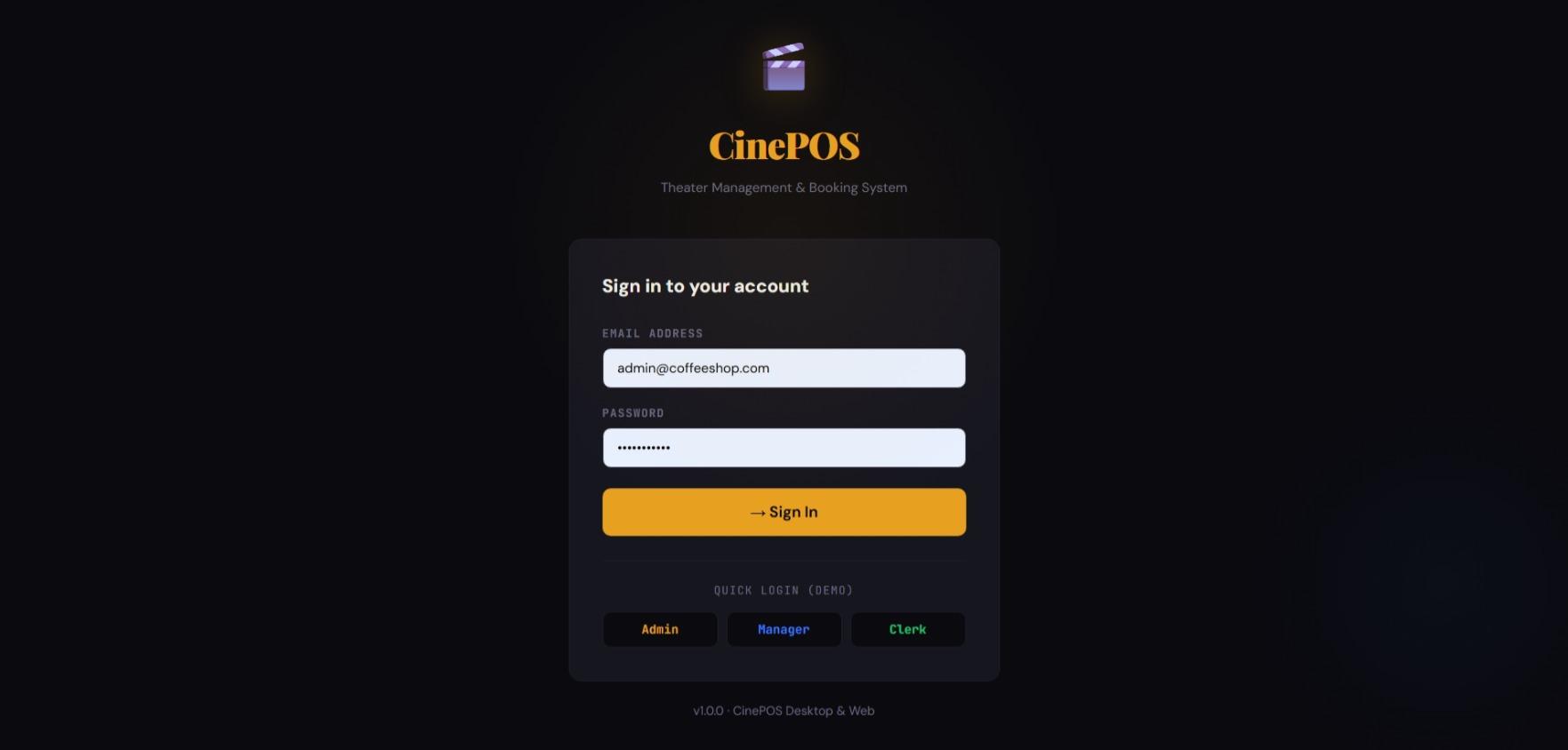 CinePOS Login Screen