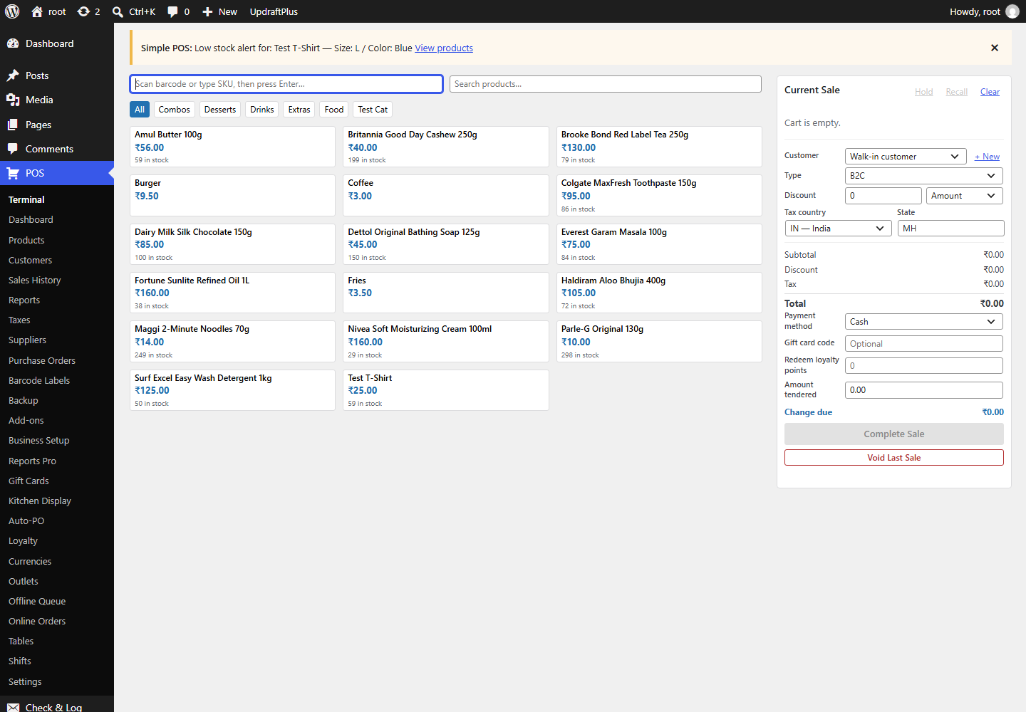 Simple POS terminal with product grid, cart and payment panel inside WordPress admin